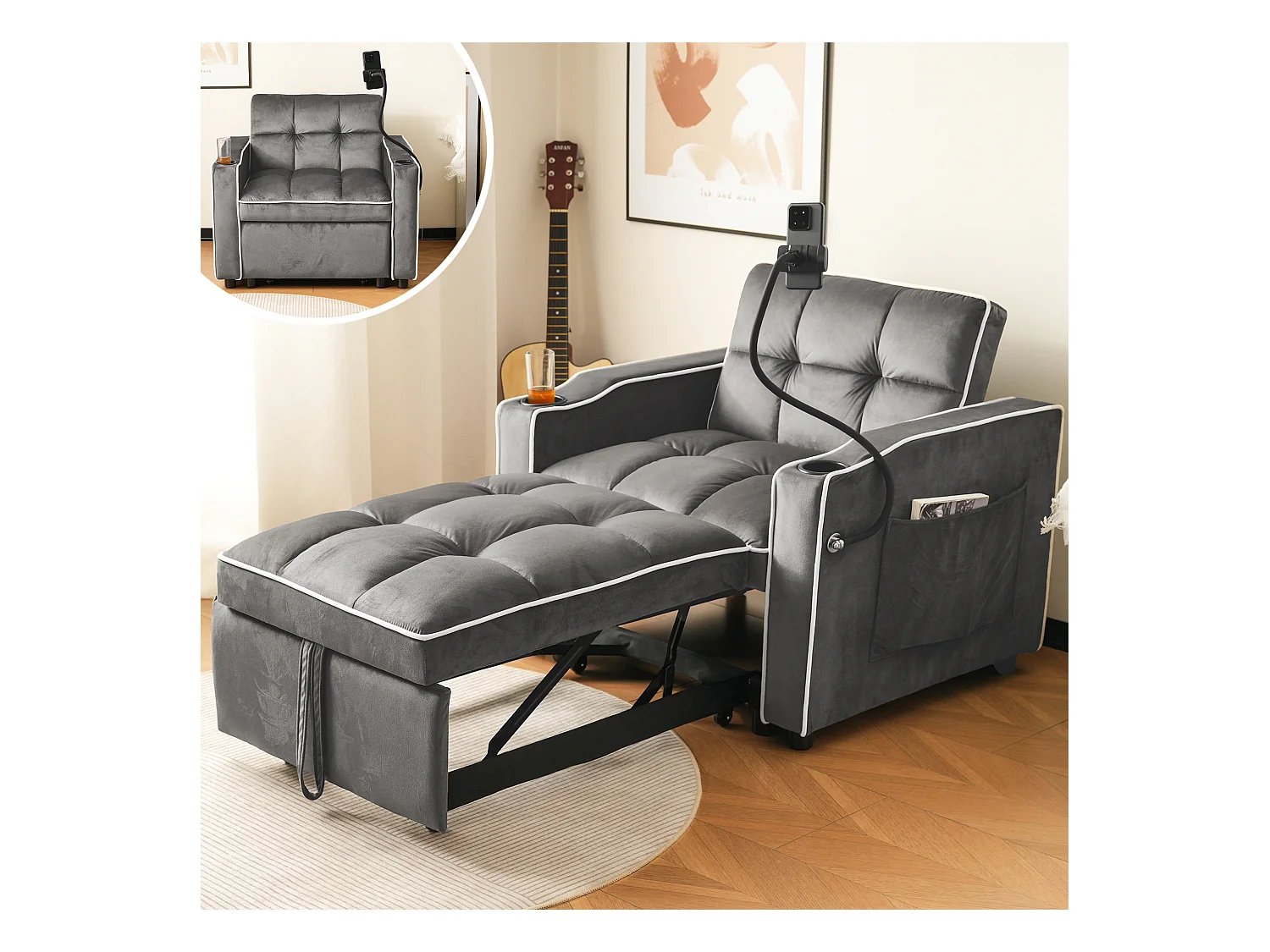 Canapé convertible, velours gris foncé, Canapé simple avec support téléphone et porte-gobelet, pour salon et chambre