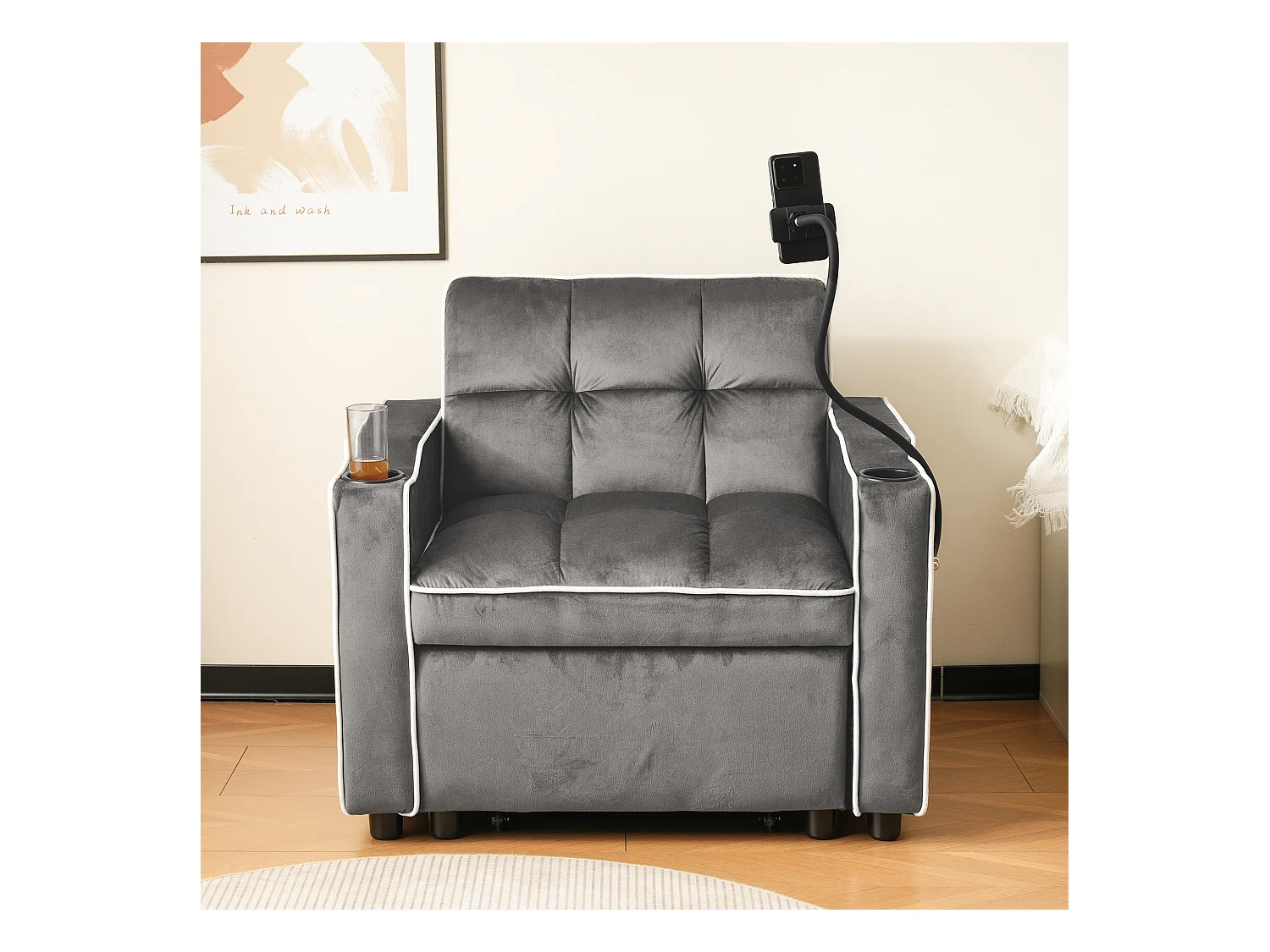 Canapé convertible, velours gris foncé, Canapé simple avec support téléphone et porte-gobelet, pour salon et chambre