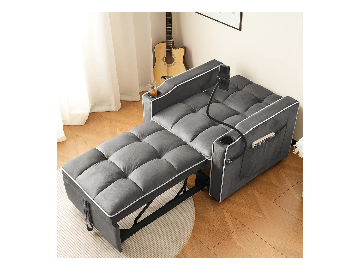 Canapé convertible, velours gris foncé, Canapé simple avec support téléphone et porte-gobelet, pour salon et chambre