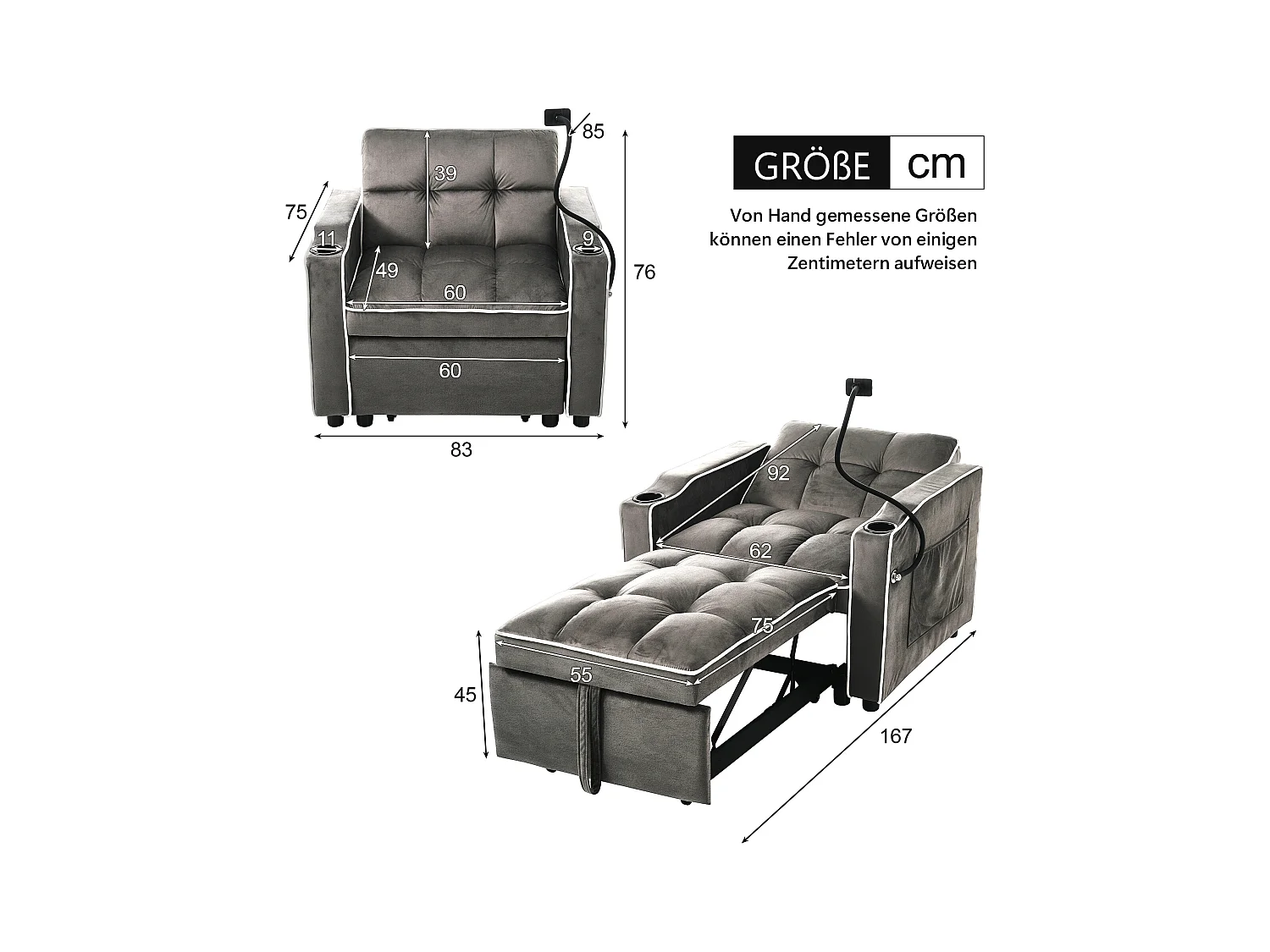 Canapé convertible, velours gris foncé, Canapé simple avec support téléphone et porte-gobelet, pour salon et chambre