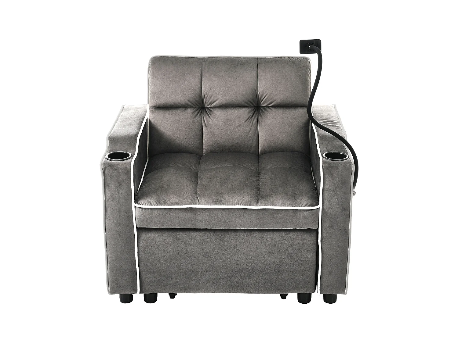 Canapé convertible, velours gris foncé, Canapé simple avec support téléphone et porte-gobelet, pour salon et chambre