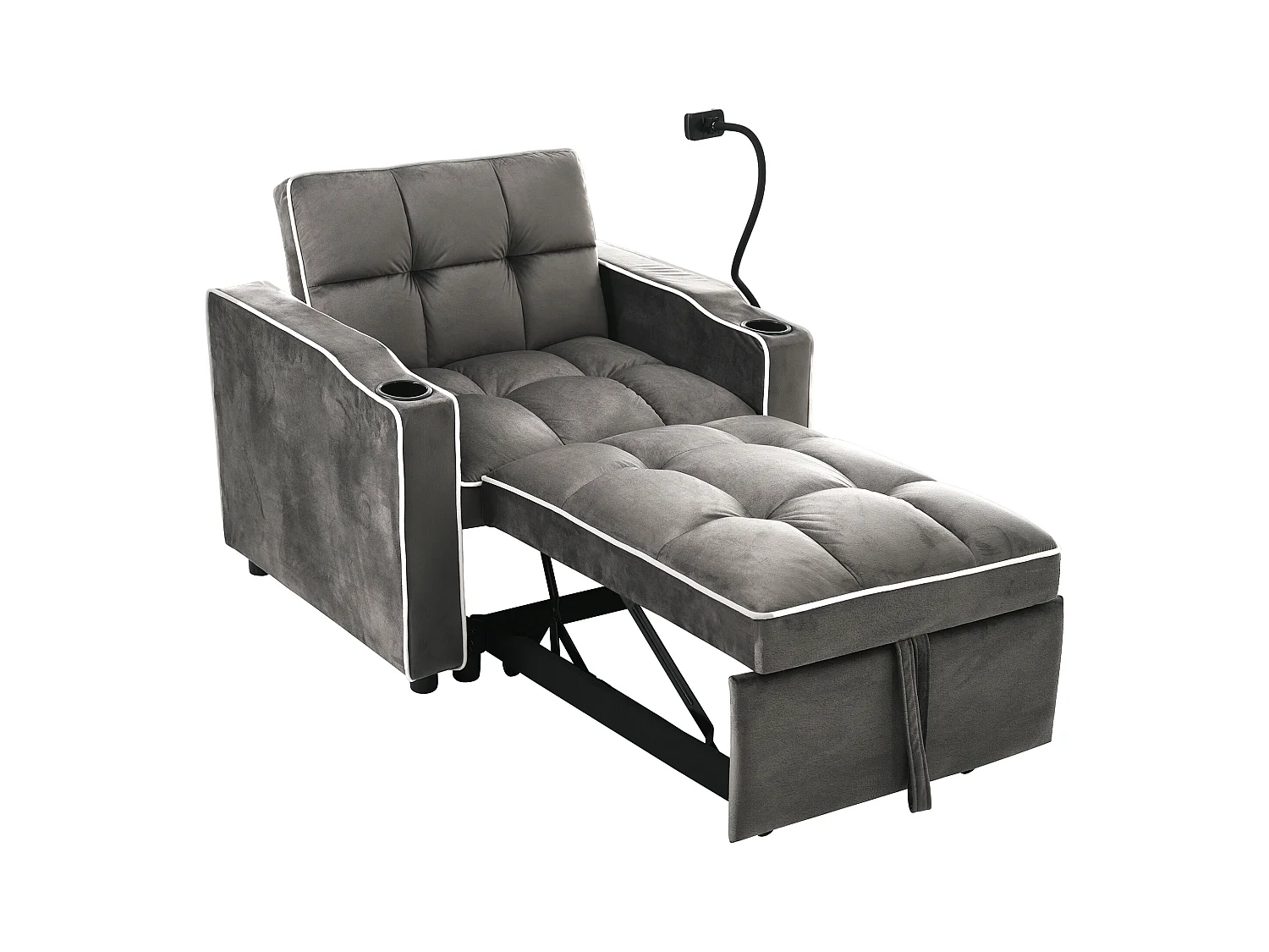 Canapé convertible, velours gris foncé, Canapé simple avec support téléphone et porte-gobelet, pour salon et chambre