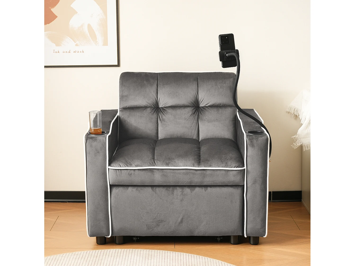 Canapé convertible, velours gris foncé, Canapé simple avec support téléphone et porte-gobelet, pour salon et chambre