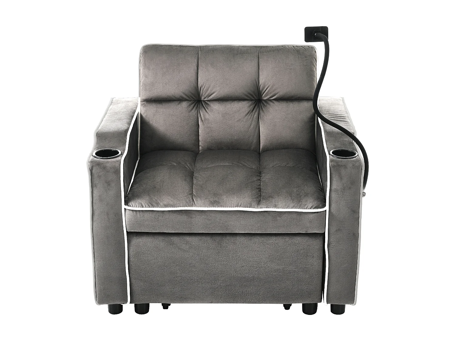 Canapé convertible, velours gris foncé, Canapé simple avec support téléphone et porte-gobelet, pour salon et chambre