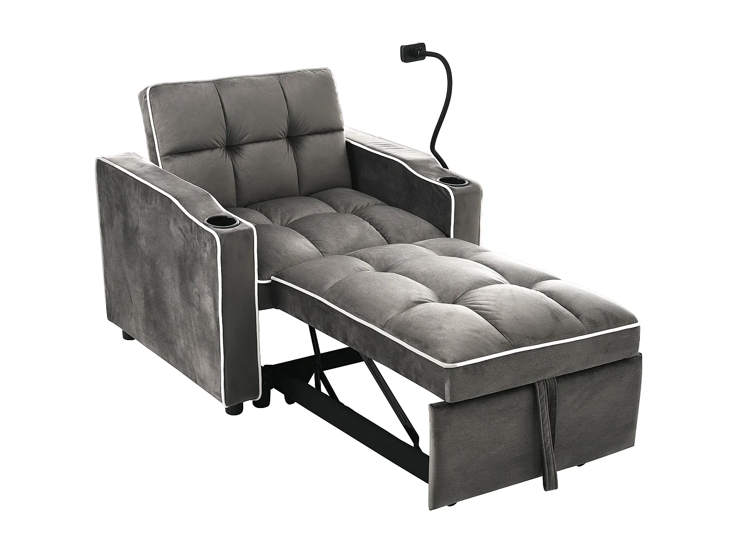 Canapé convertible, velours gris foncé, Canapé simple avec support téléphone et porte-gobelet, pour salon et chambre