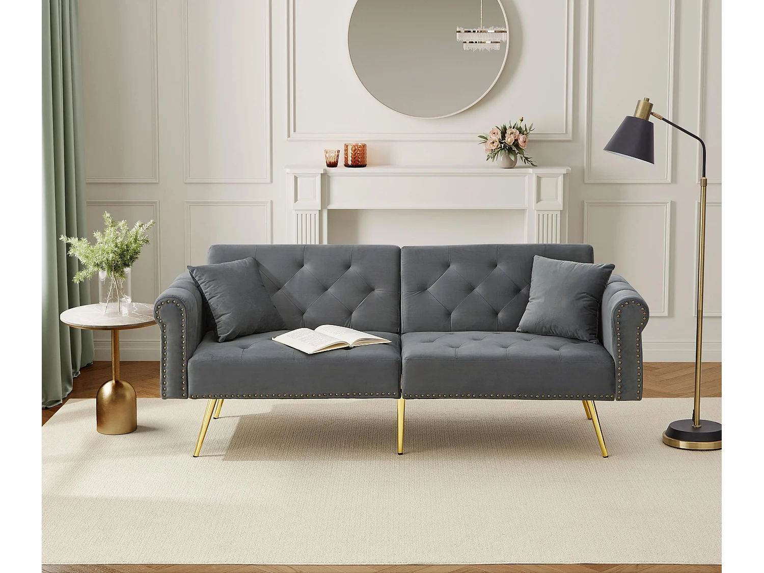 2-Sitzer-Sofa, grauer Samt, mit 3-fach verstellbarer Rückenlehne, goldene Beine, für Wohnzimmer und Büro