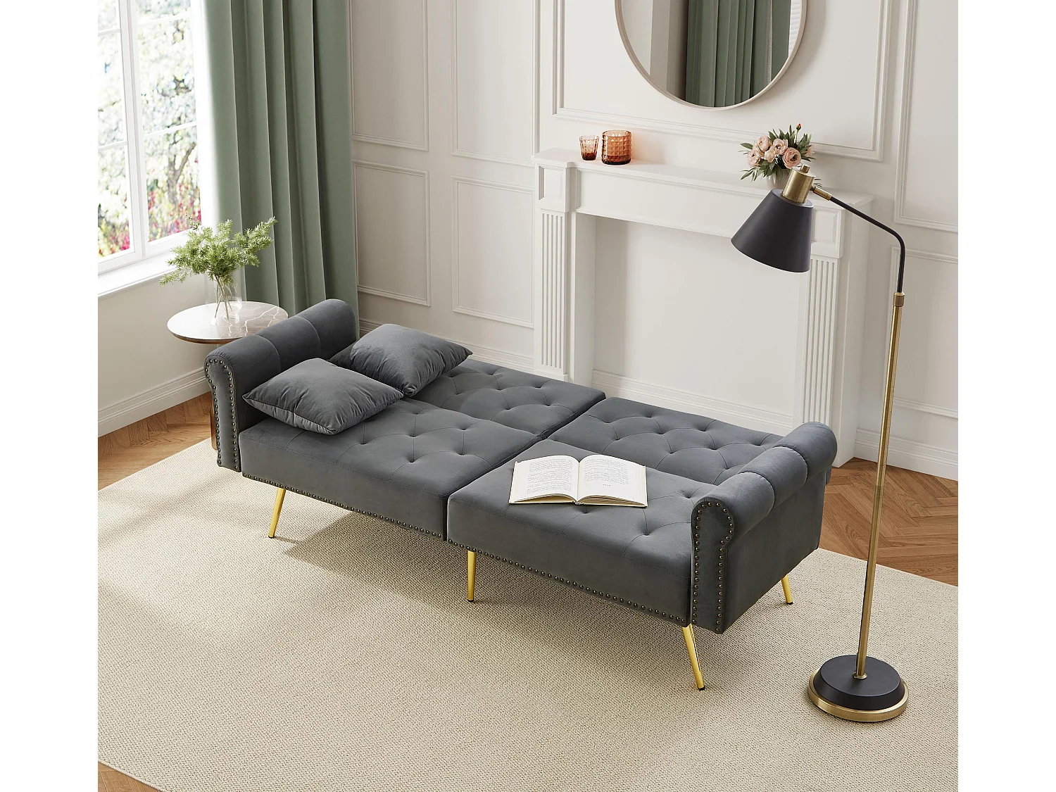 2-Sitzer-Sofa, grauer Samt, mit 3-fach verstellbarer Rückenlehne, goldene Beine, für Wohnzimmer und Büro