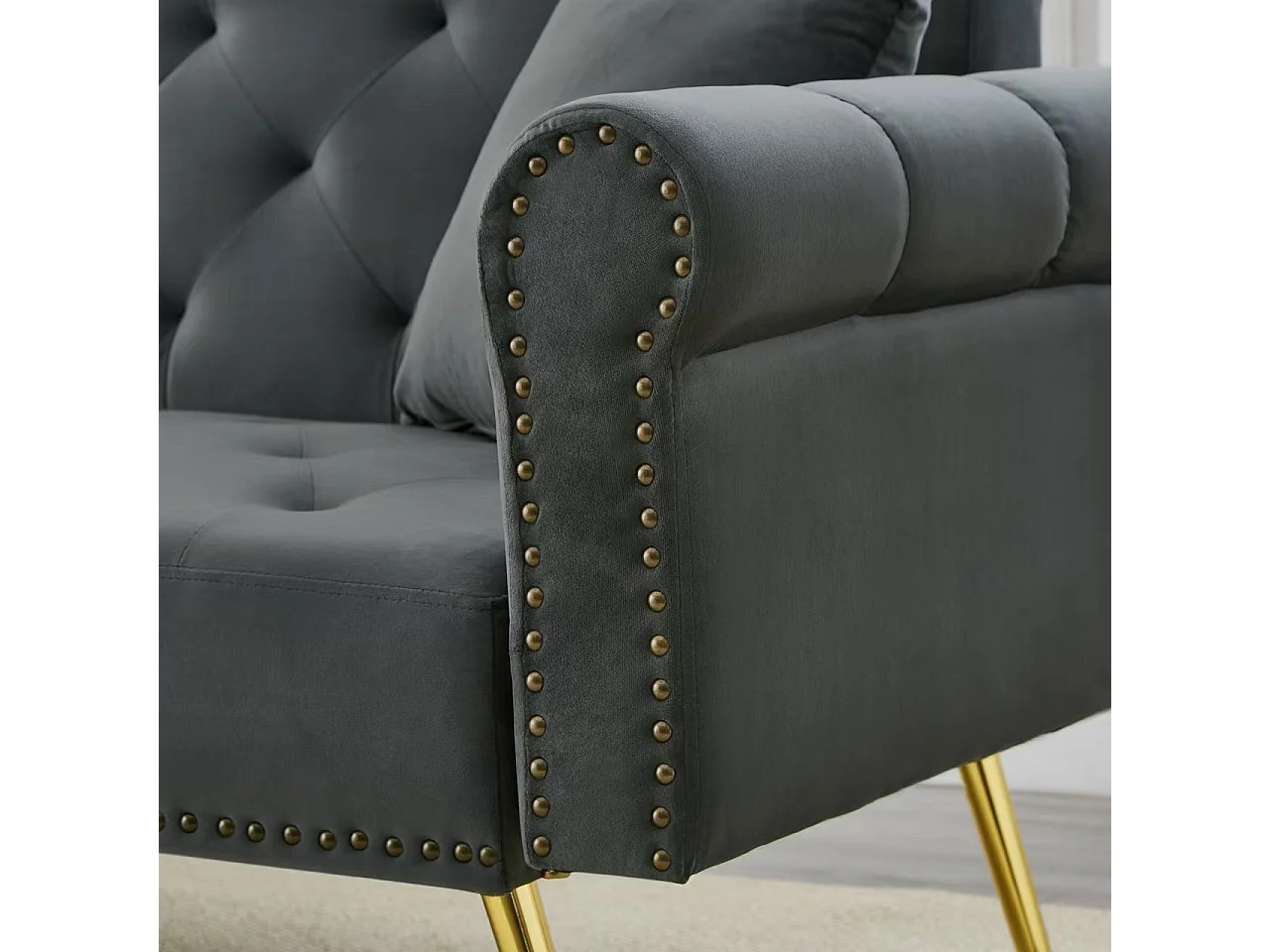 2-Sitzer-Sofa, grauer Samt, mit 3-fach verstellbarer Rückenlehne, goldene Beine, für Wohnzimmer und Büro