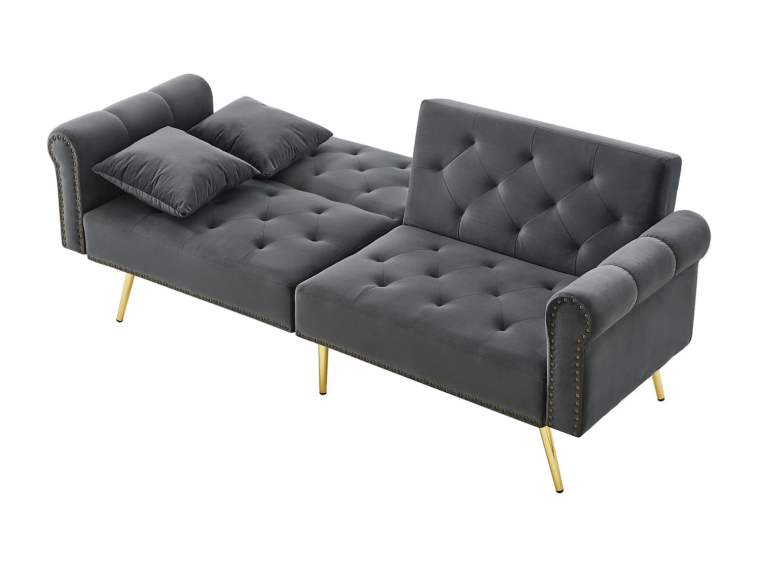 2-Sitzer-Sofa, grauer Samt, mit 3-fach verstellbarer Rückenlehne, goldene Beine, für Wohnzimmer und Büro