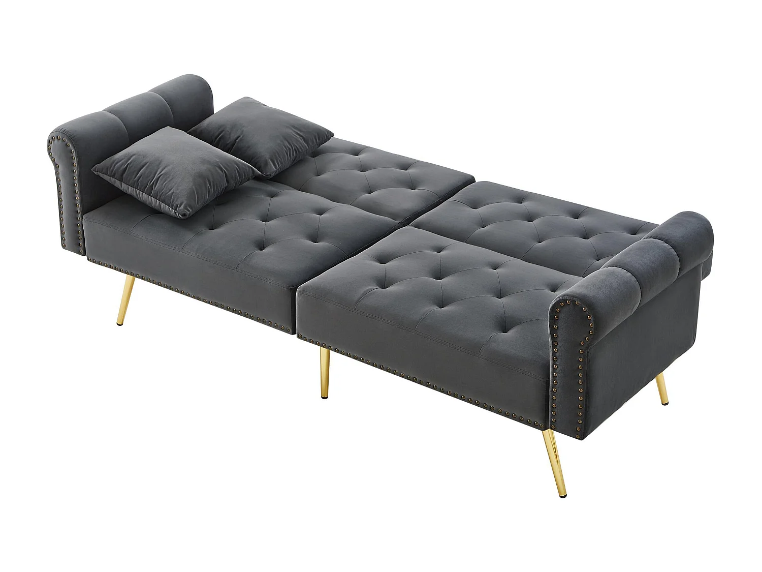 2-Sitzer-Sofa, grauer Samt, mit 3-fach verstellbarer Rückenlehne, goldene Beine, für Wohnzimmer und Büro