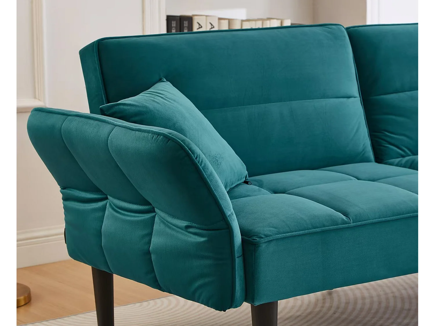 Divano trasformabile a 2 posti in velluto blu turchese, schienale e braccioli regolabili, per soggiorno o ufficio
