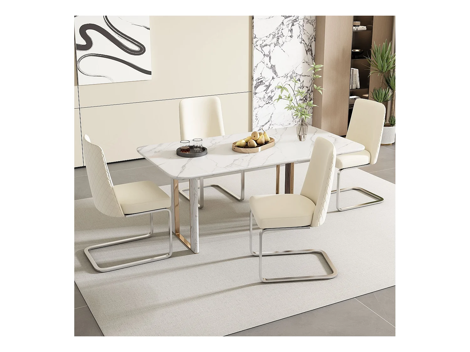 Lot de 4 chaises de salle à manger, velours beige, chaise avec dossier rembourré, pieds argentés