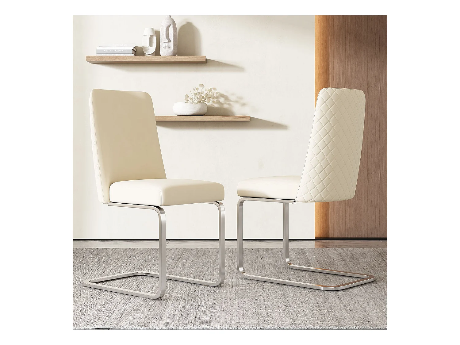 Lot de 4 chaises de salle à manger, velours beige, chaise avec dossier rembourré, pieds argentés