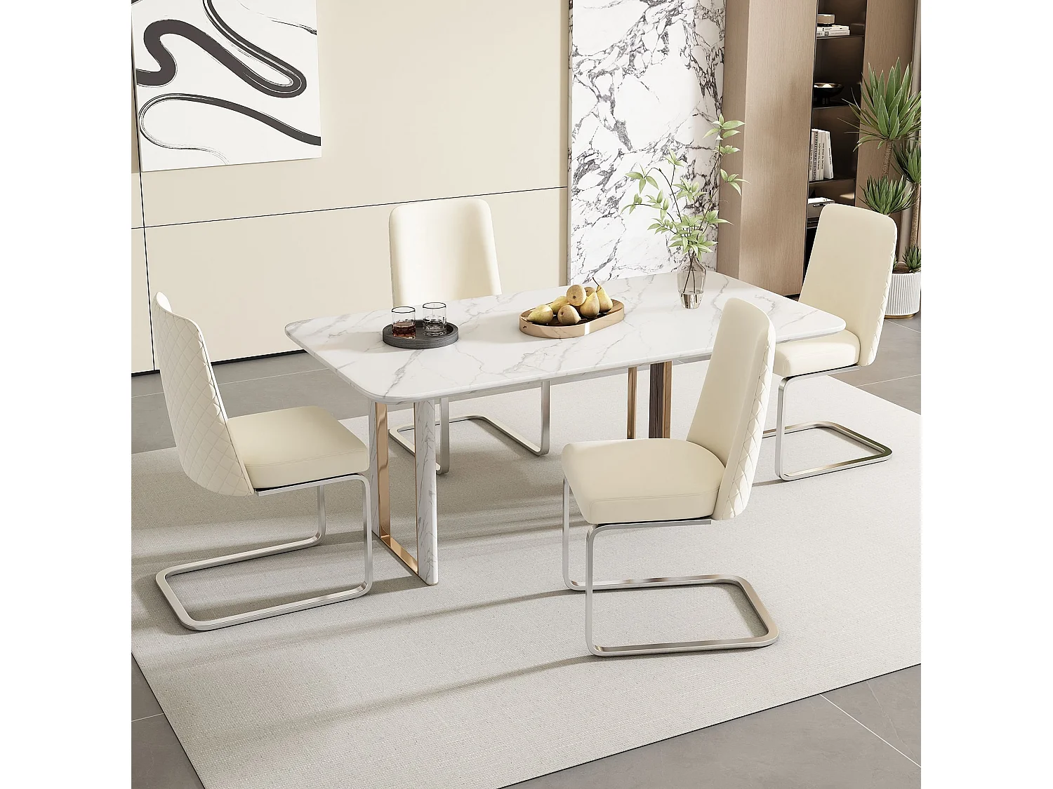 Set van 4 eetkamerstoelen, beige fluweel, stoel met gestoffeerde rugleuning, zilveren poten
