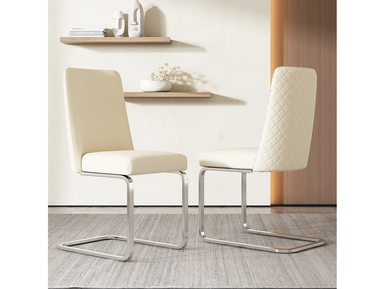 Set van 4 eetkamerstoelen, beige fluweel, stoel met gestoffeerde rugleuning, zilveren poten