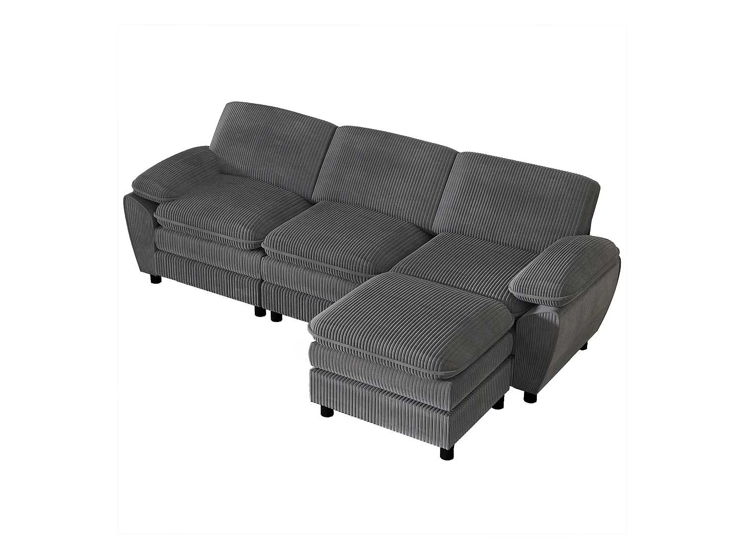 Sofa trzyosobowa, ciemnoszary sztruks, sofa z poduszkami i wyjmowanym podnóżkiem, do salonu i biura