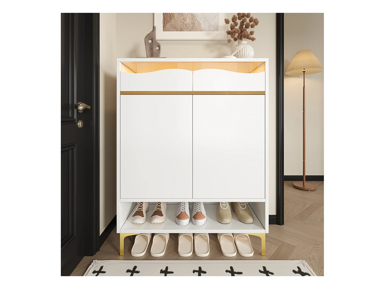Meuble à chaussures blanc avec LED 16 couleurs, design moderne avec tiroirs et étagères, pour entrée, salon ou couloir