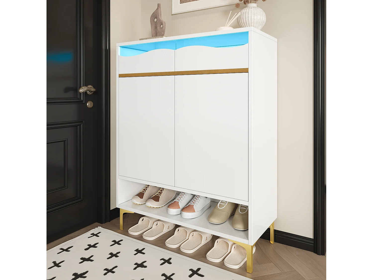 Meuble à chaussures blanc avec LED 16 couleurs, design moderne avec tiroirs et étagères, pour entrée, salon ou couloir