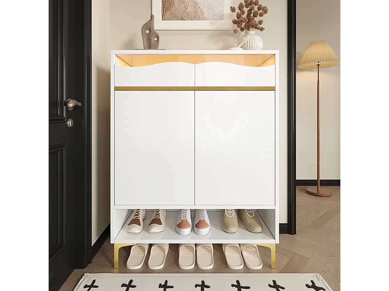 Witte schoenenkast met 16-kleurige ledverlichting, modern design met lades en planken, voor entree, woonkamer of hal