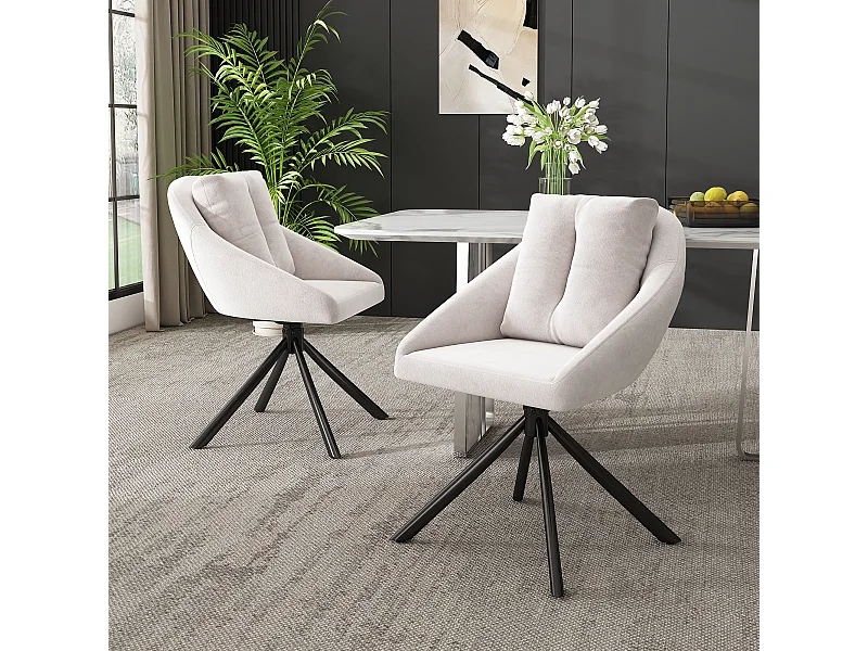 Set van 2 draaibare eetkamerstoelen, beige fluweel, stoel met gestoffeerde rugleuning, zwarte metalen poten