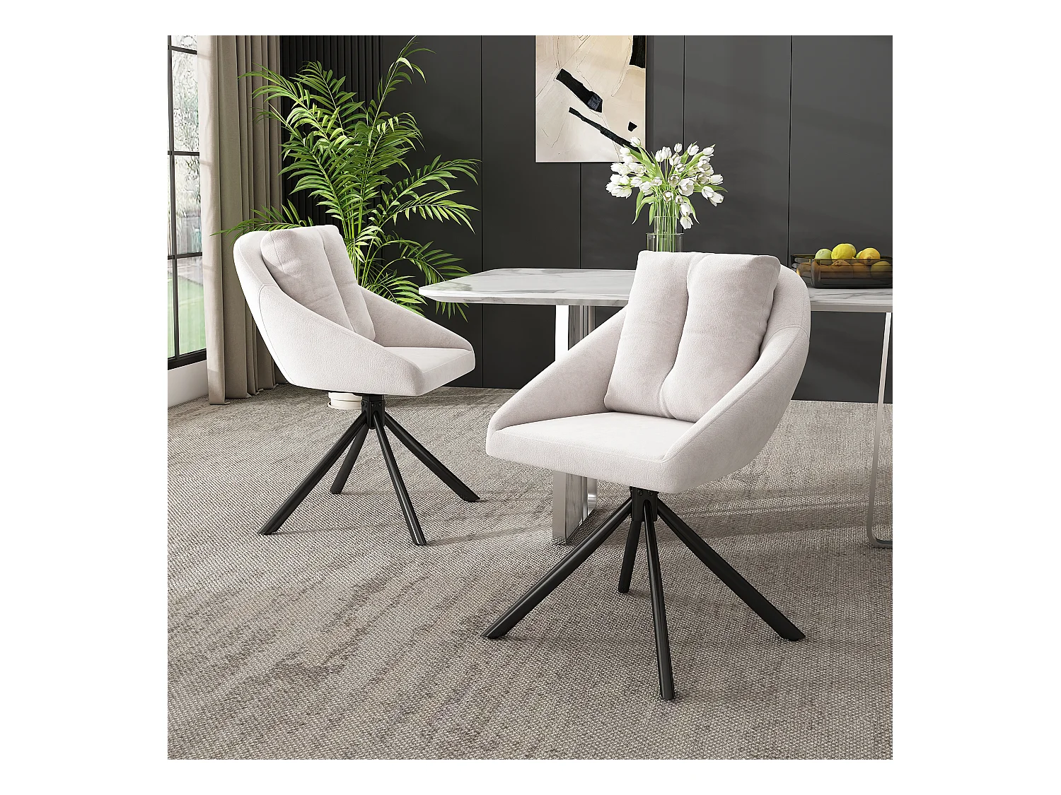 Lot de 2 chaises de salle à manger pivotantes, velours beige, chaise avec dossier rembourré, pieds en métal noir