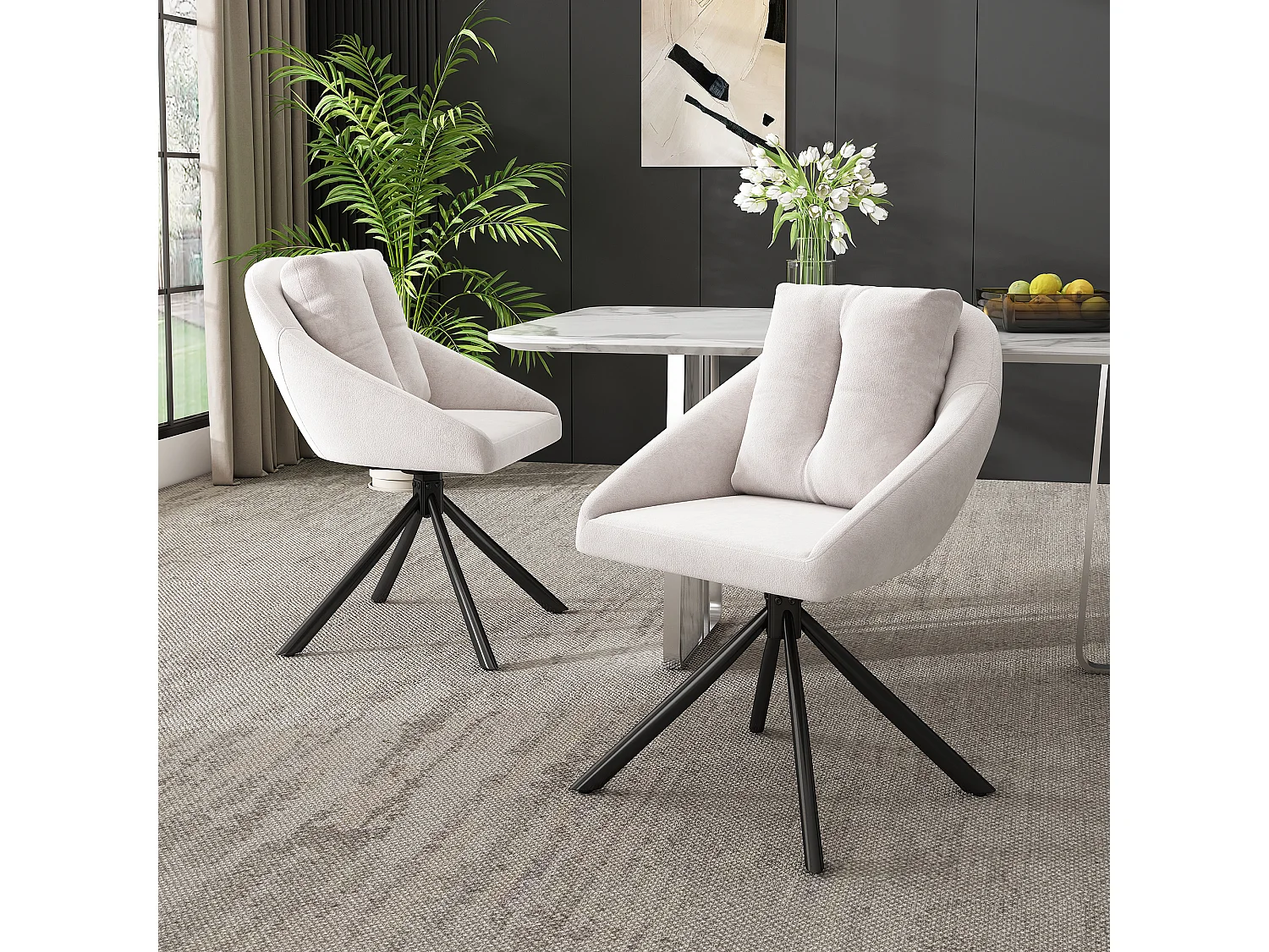 Lot de 2 chaises de salle à manger pivotantes, velours beige, chaise avec dossier rembourré, pieds en métal noir