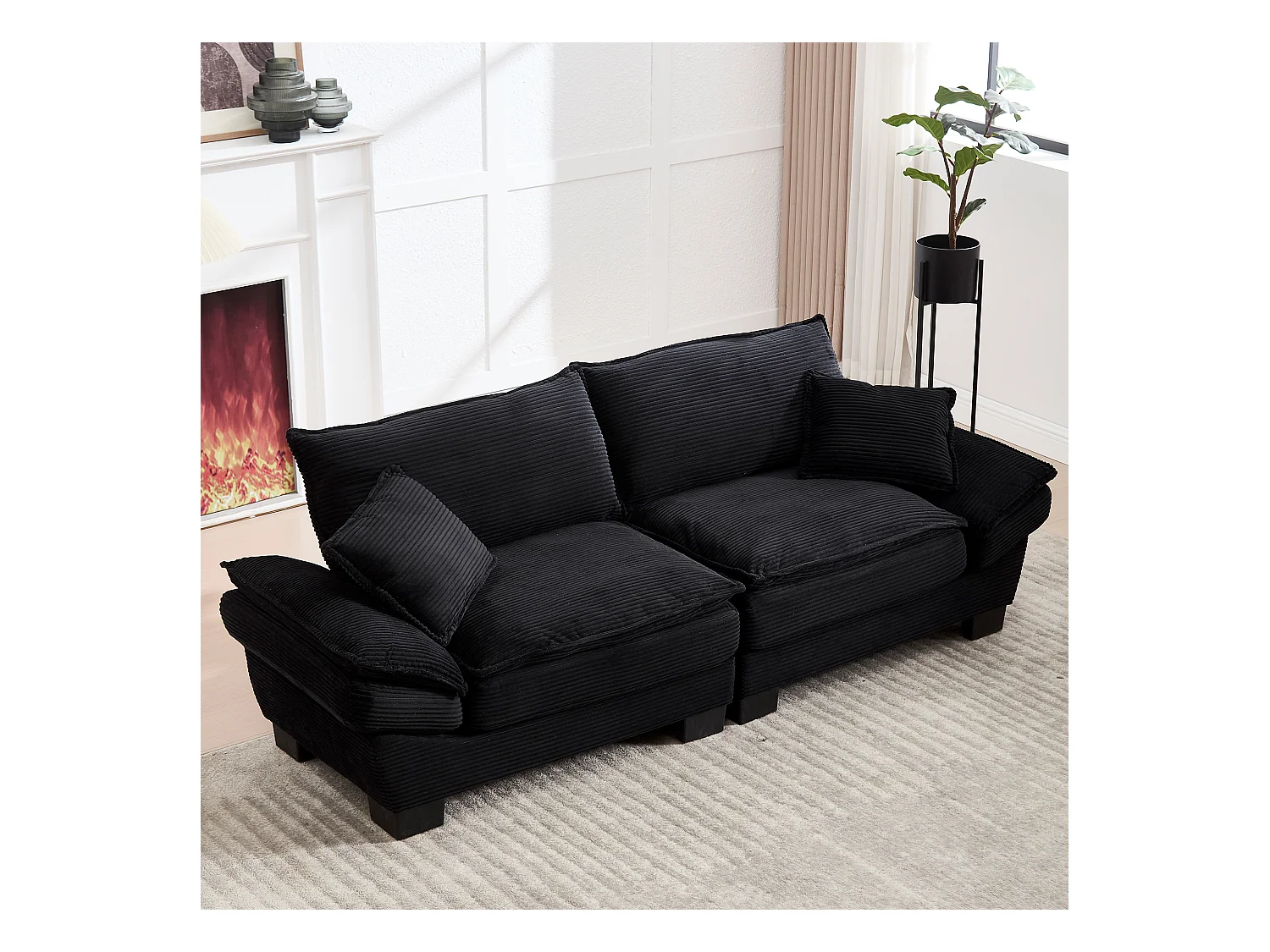 Canapé 2 places, tissu velours, canapé noir avec appui-tête et dossier, adapté au salon et à la chambre