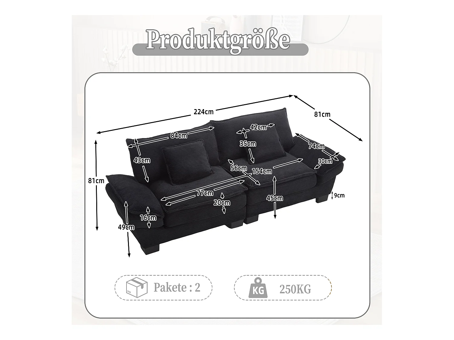 Canapé 2 places, tissu velours, canapé noir avec appui-tête et dossier, adapté au salon et à la chambre