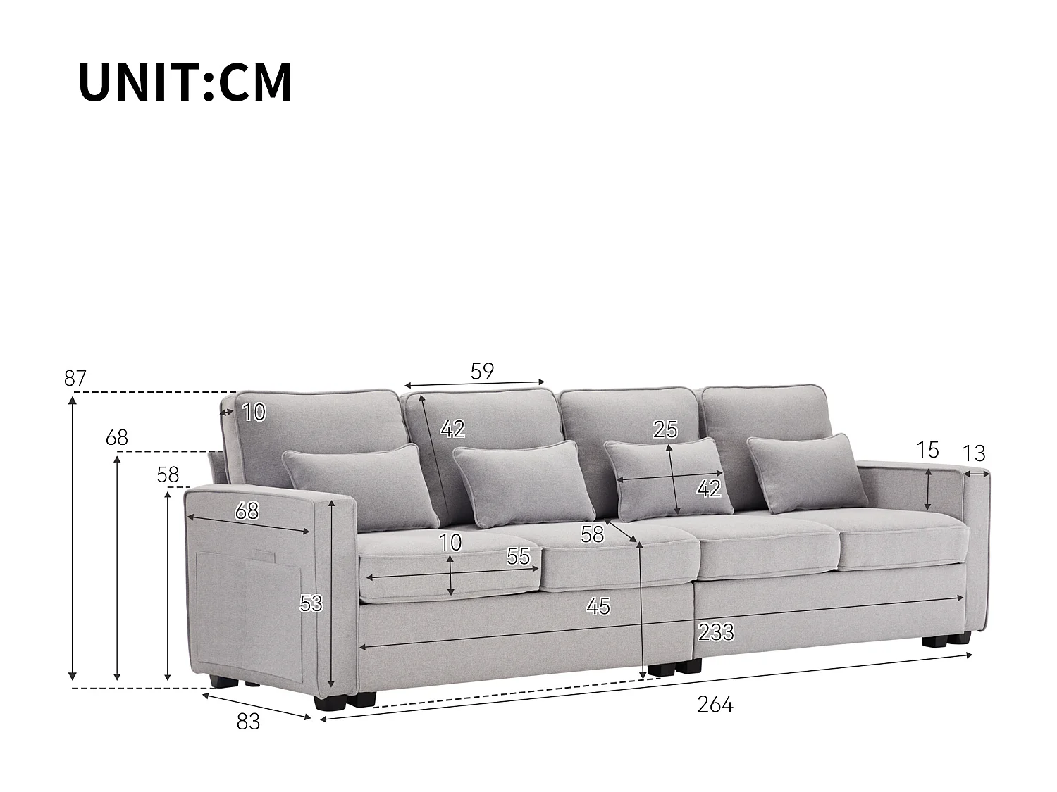 Modernes 4-Sitzer-Sofa aus hellgrauem Leinen mit Seitentaschen und 4 Kissen – für Wohnzimmer, Büro oder Wohnung