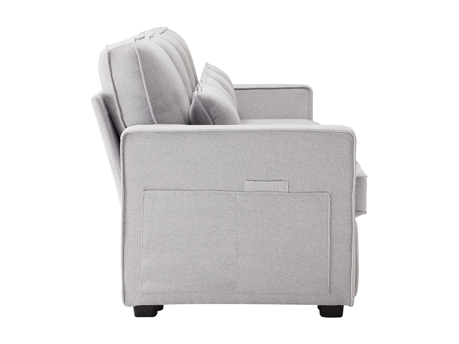 Modernes 4-Sitzer-Sofa aus hellgrauem Leinen mit Seitentaschen und 4 Kissen – für Wohnzimmer, Büro oder Wohnung