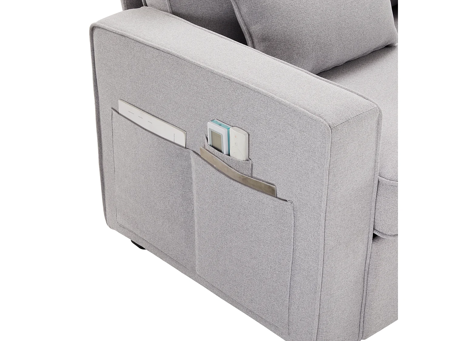 Modernes 4-Sitzer-Sofa aus hellgrauem Leinen mit Seitentaschen und 4 Kissen – für Wohnzimmer, Büro oder Wohnung