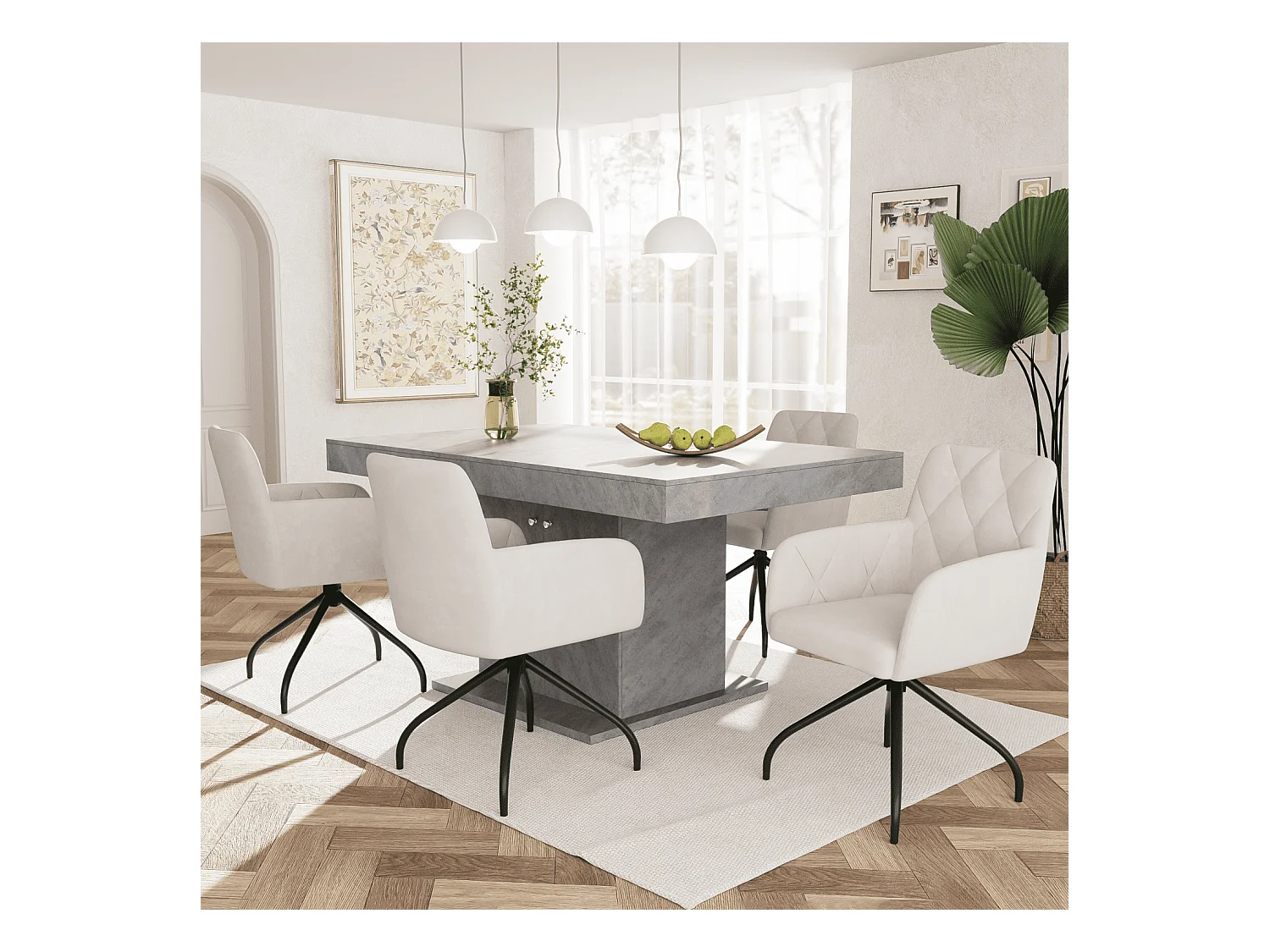 Zestaw 4 obrotowych krzeseł do jadalni, beżowy aksamit, krzesło z podłokietnikami i oparciem, nogi metalowe