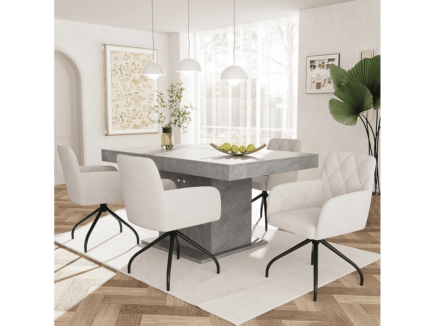 Lot de 4 chaises de salle à manger pivotantes, velours beige, chaise avec accoudoirs et dossier, pieds en métal