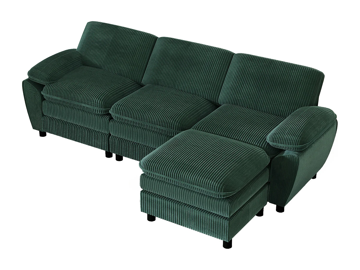 Canapé 3 places, velours côtelé vert, canapé avec coussins et repose-pieds amovible, pour salon et bureau