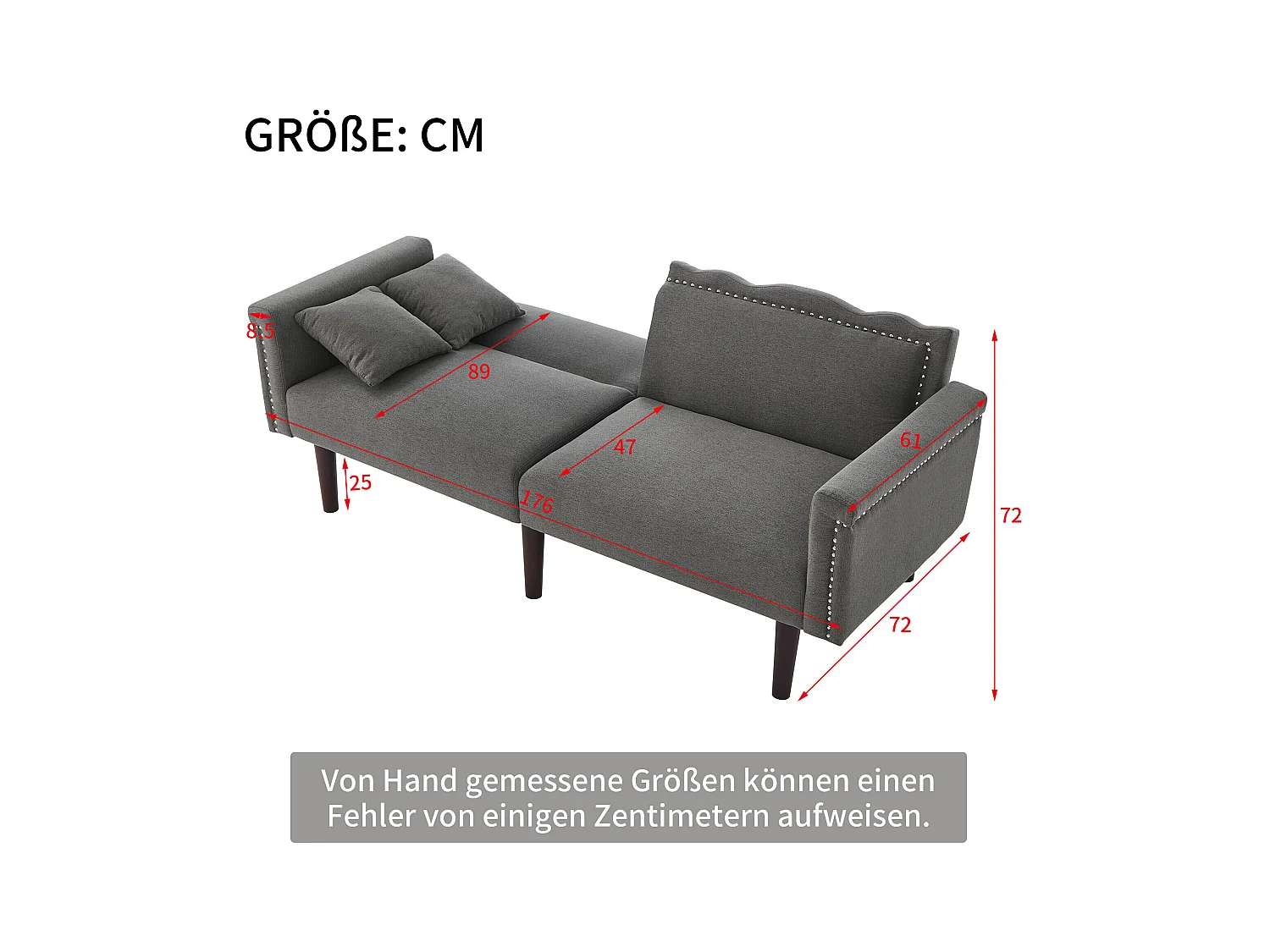 Sofa 2-osobowa, ciemnoszary len, sofa do salonu z regulowanym oparciem, drewniane nogi