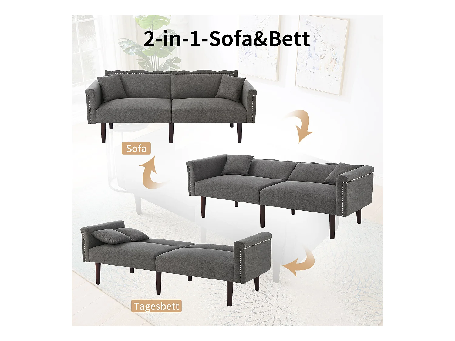 Sofa 2-osobowa, ciemnoszary len, sofa do salonu z regulowanym oparciem, drewniane nogi