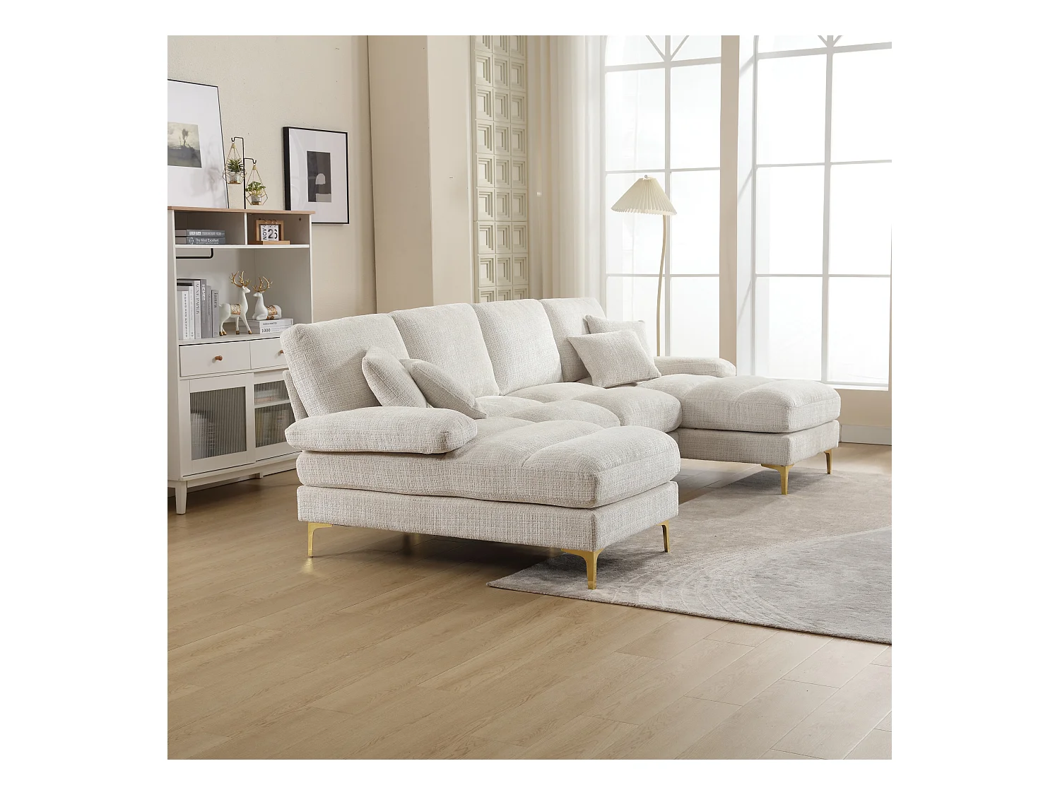 Sofa w kształcie litery U, beżowy szenil, tapicerowana sofa z poduszkami i 2 poduszkami dekoracyjnymi, odpowiednia do salonu i sypialni