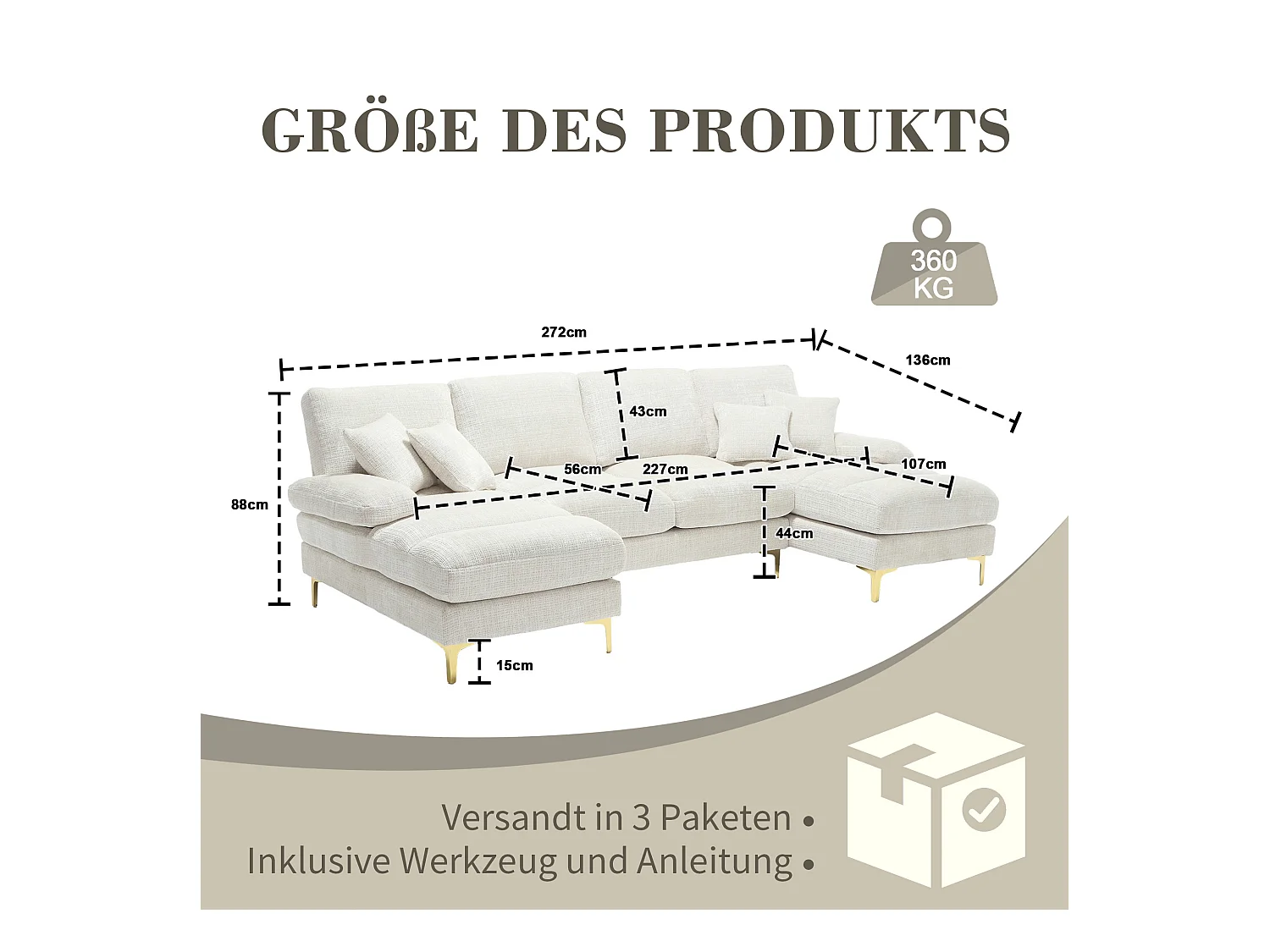 Sofa w kształcie litery U, beżowy szenil, tapicerowana sofa z poduszkami i 2 poduszkami dekoracyjnymi, odpowiednia do salonu i sypialni