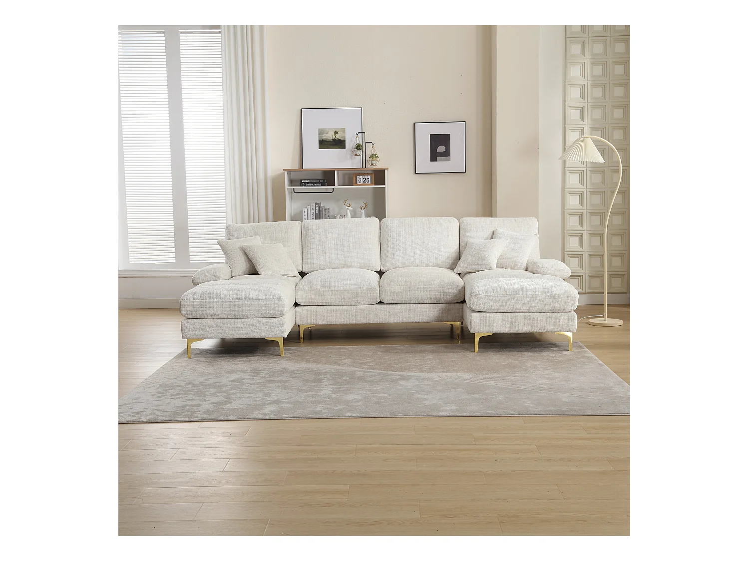 Canapé 4 places, chenille beige, Canapé rembourré avec coussins et 2 coussins décoratifs, pour salon et chambre