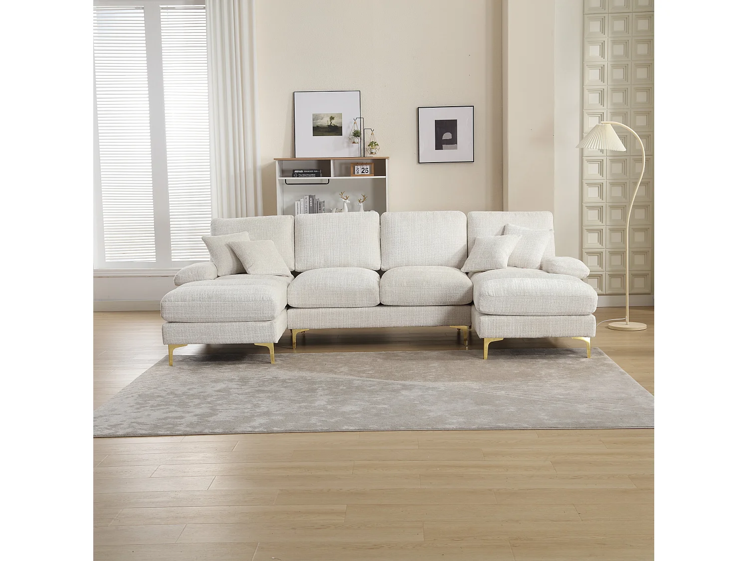 Sofá en forma de U, tapizado en chenilla beige con cojines y dos cojines decorativos, ideal para salón y dormitorio