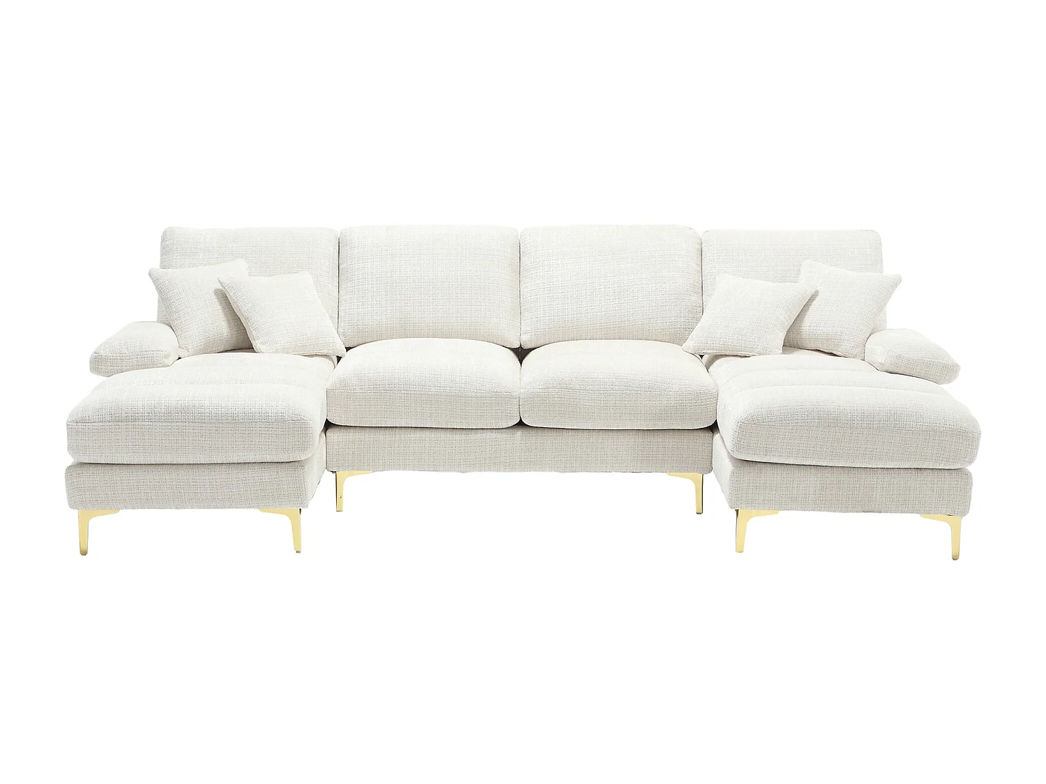 Sofá en forma de U, tapizado en chenilla beige con cojines y dos cojines decorativos, ideal para salón y dormitorio