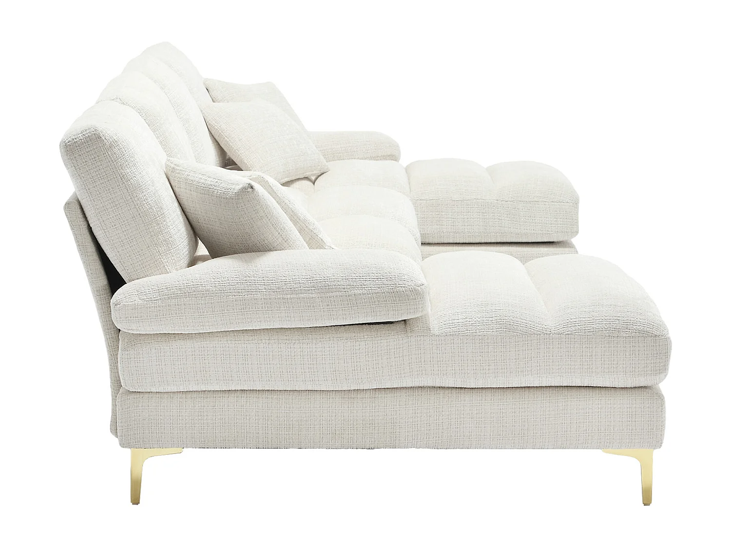 Sofá en forma de U, tapizado en chenilla beige con cojines y dos cojines decorativos, ideal para salón y dormitorio