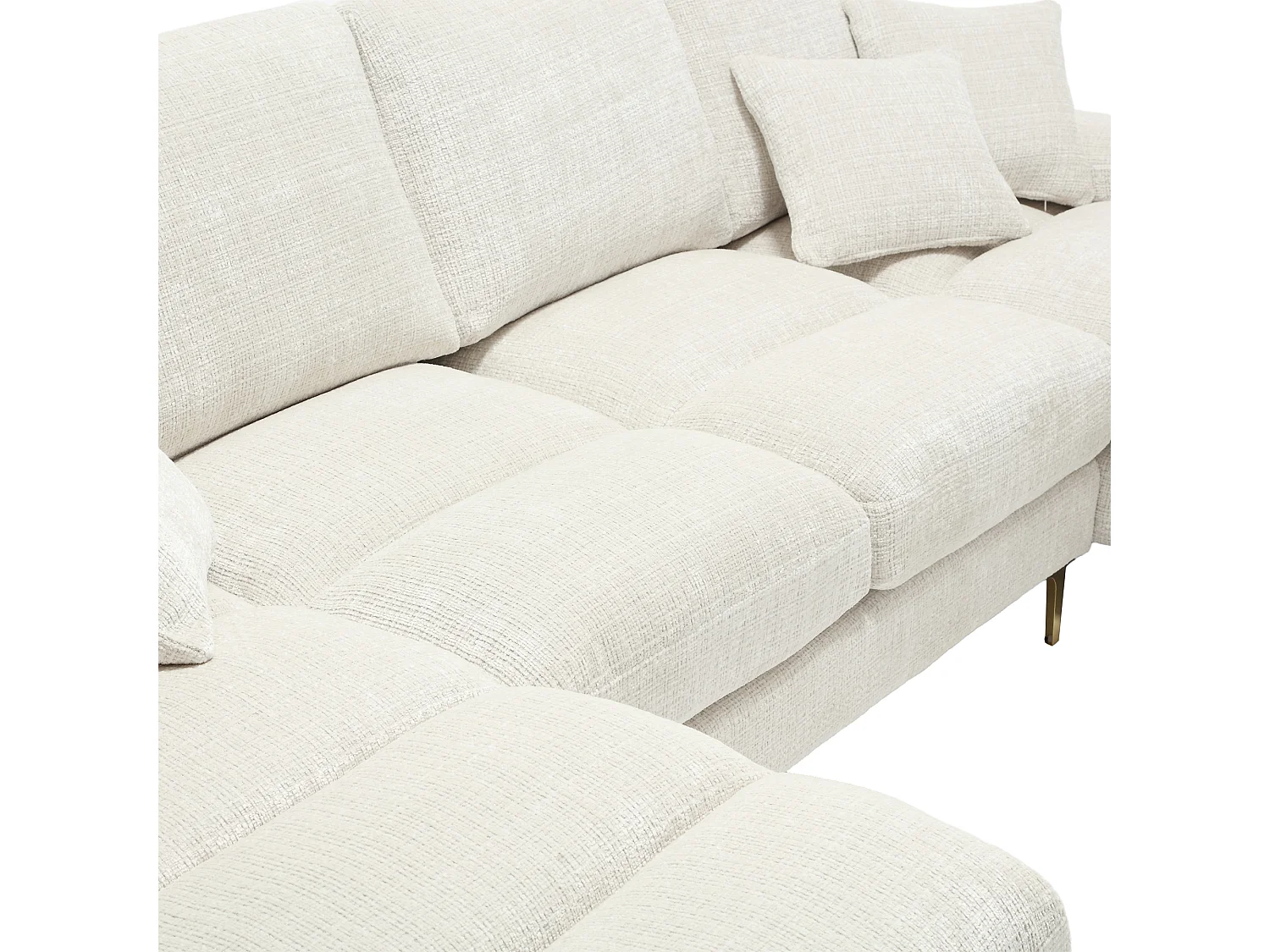 Sofá en forma de U, tapizado en chenilla beige con cojines y dos cojines decorativos, ideal para salón y dormitorio