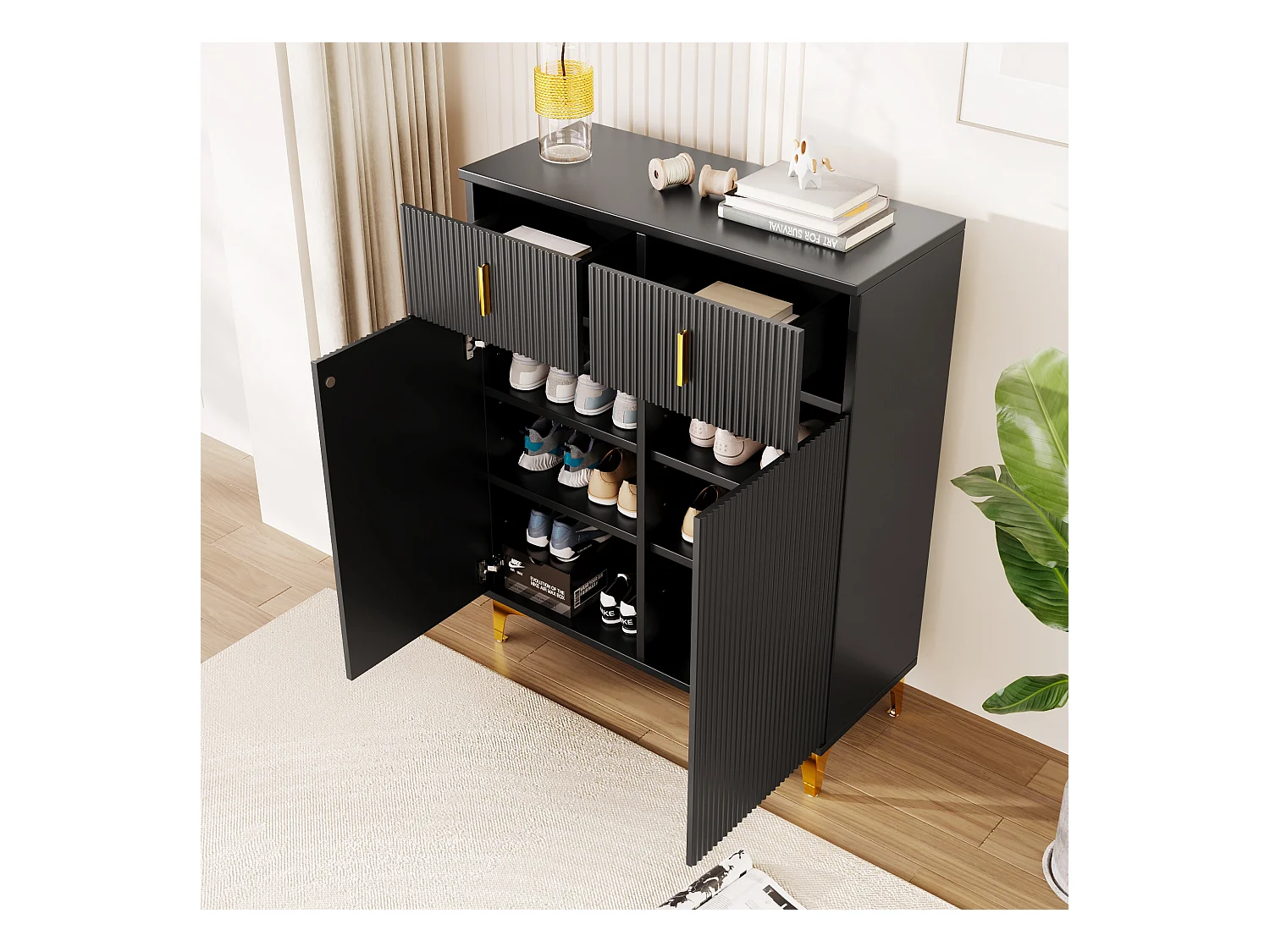 Meuble à chaussures noir avec tiroirs, portes texturées, étagères réglables, poignées et pieds dorés - design élégant