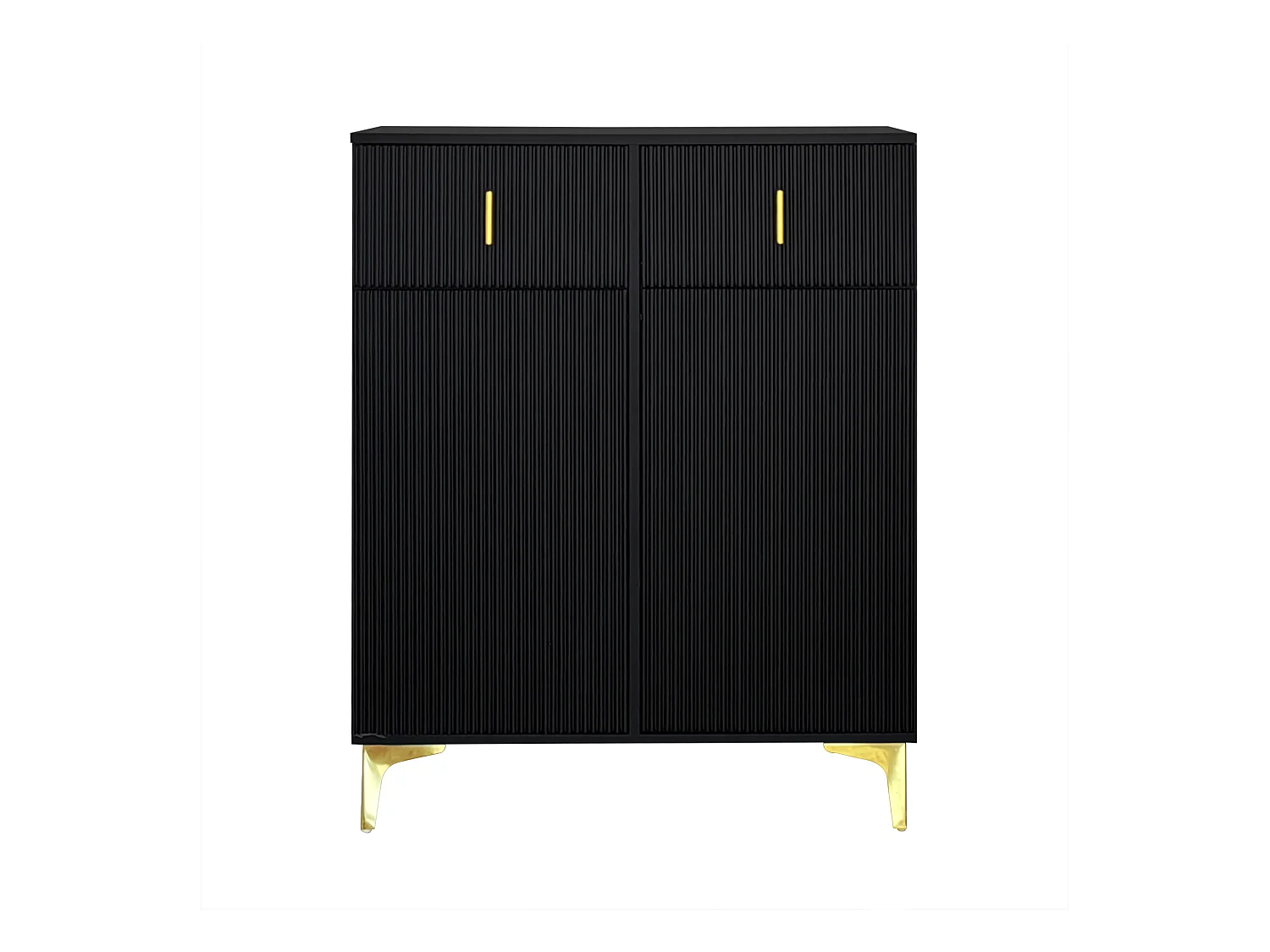 Meuble à chaussures noir avec tiroirs, portes texturées, étagères réglables, poignées et pieds dorés - design élégant