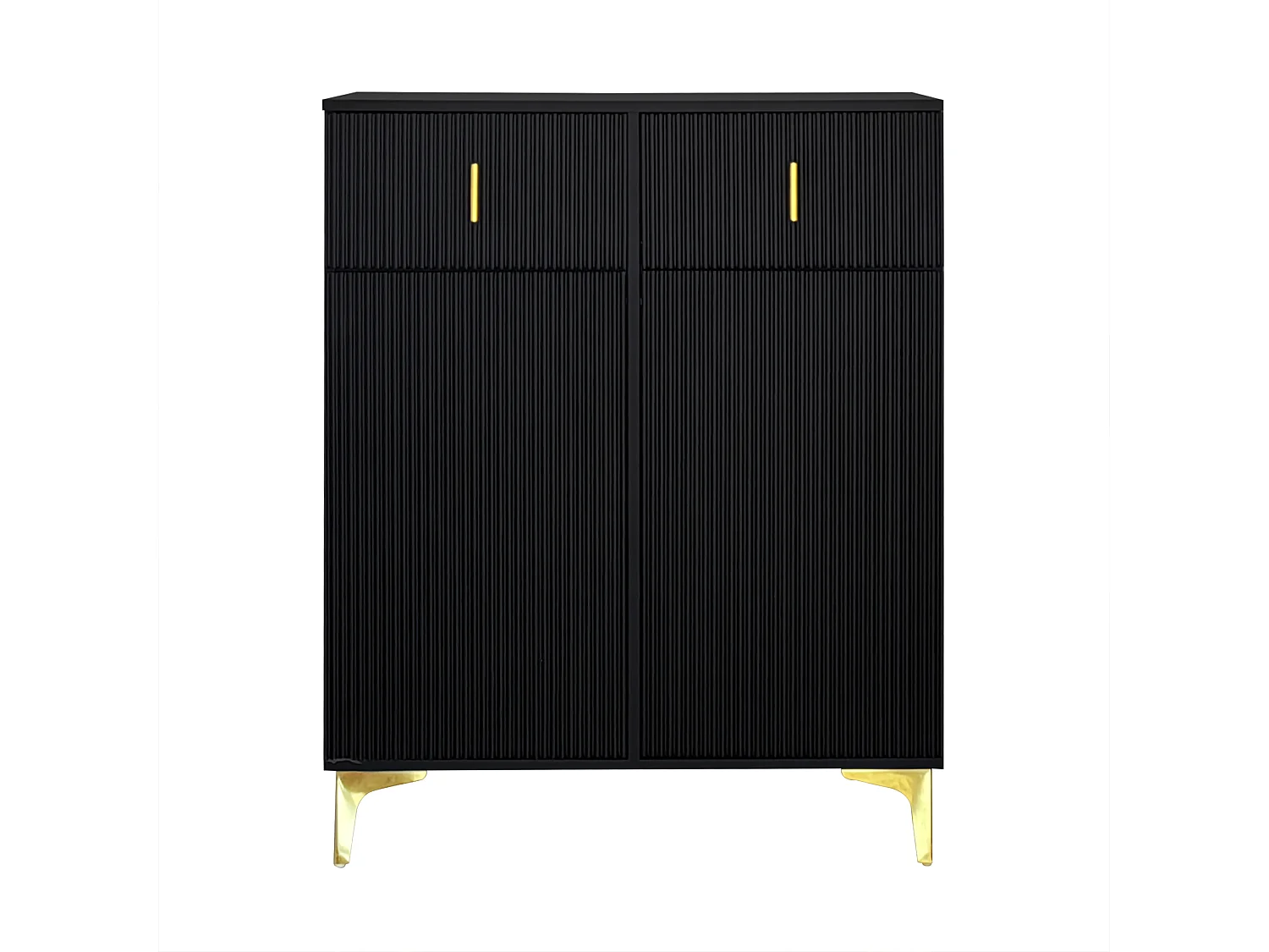 Meuble à chaussures noir avec tiroirs, portes texturées, étagères réglables, poignées et pieds dorés - design élégant