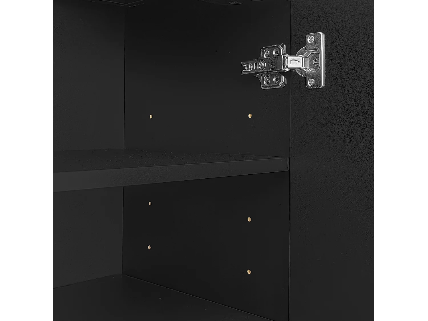 Meuble à chaussures noir avec tiroirs, portes texturées, étagères réglables, poignées et pieds dorés - design élégant