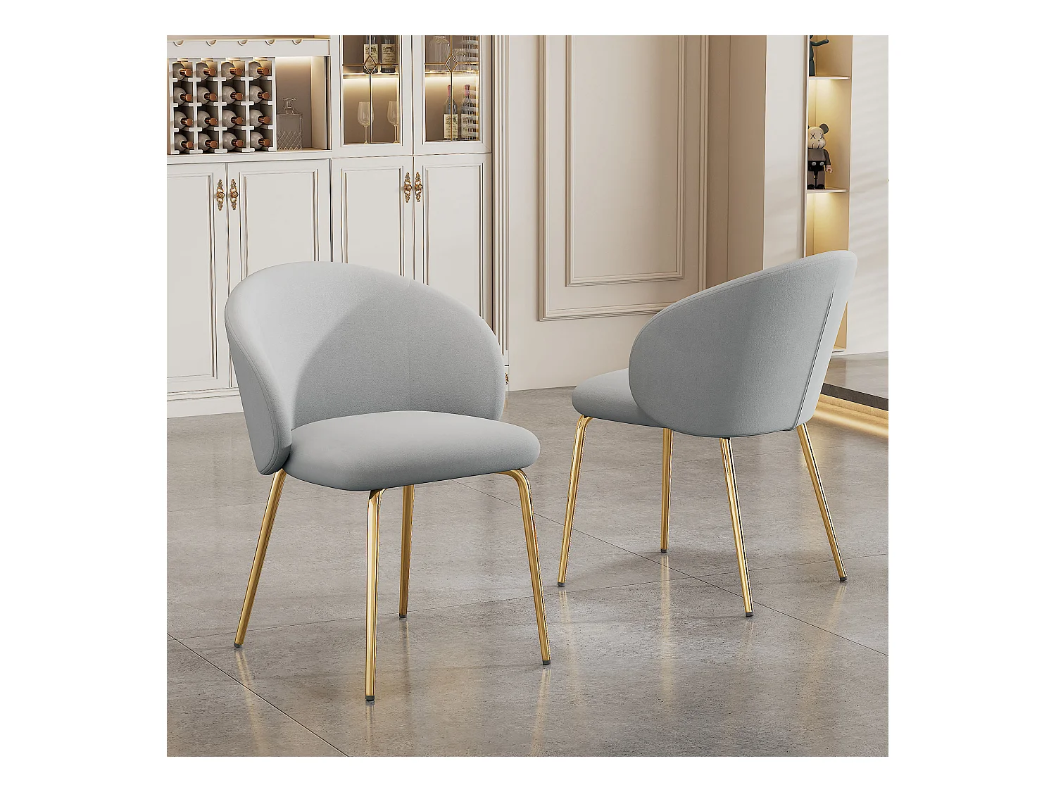 Set van 2 eetkamerstoelen, grijs fluweel, gestoffeerde stoel met armleuningen en gouden metalen poten