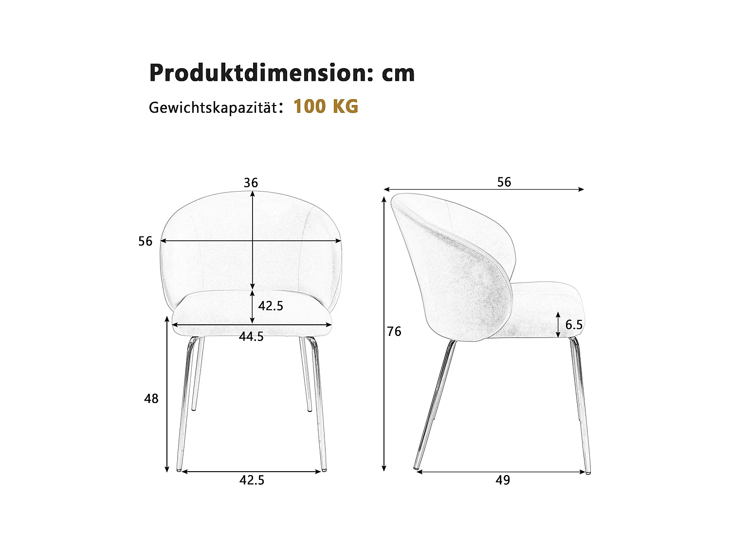 Set van 2 eetkamerstoelen, grijs fluweel, gestoffeerde stoel met armleuningen en gouden metalen poten