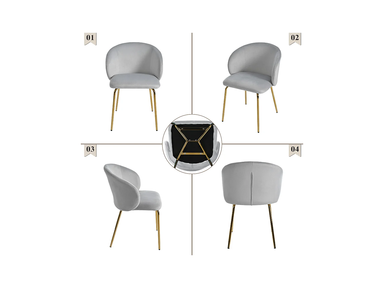 Set van 2 eetkamerstoelen, grijs fluweel, gestoffeerde stoel met armleuningen en gouden metalen poten